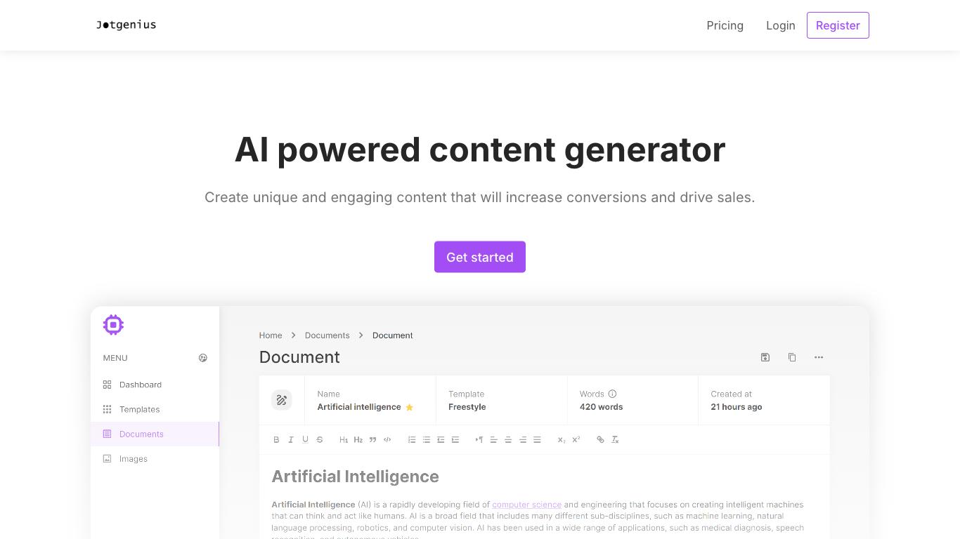 Jotgenius - Trending AI tool for Content generation and best alternatives